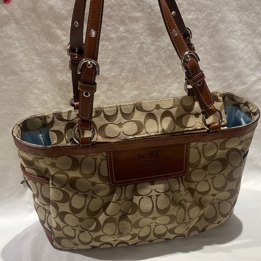 Coach Heritage 12729 Beige Signature Canvas Tote with Brown Leather Trim